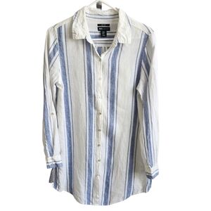 JNY Linen Shirt/Cover Up-Button-Blue White Stripe-Beachy Boho-Roll Tab Sleeve M